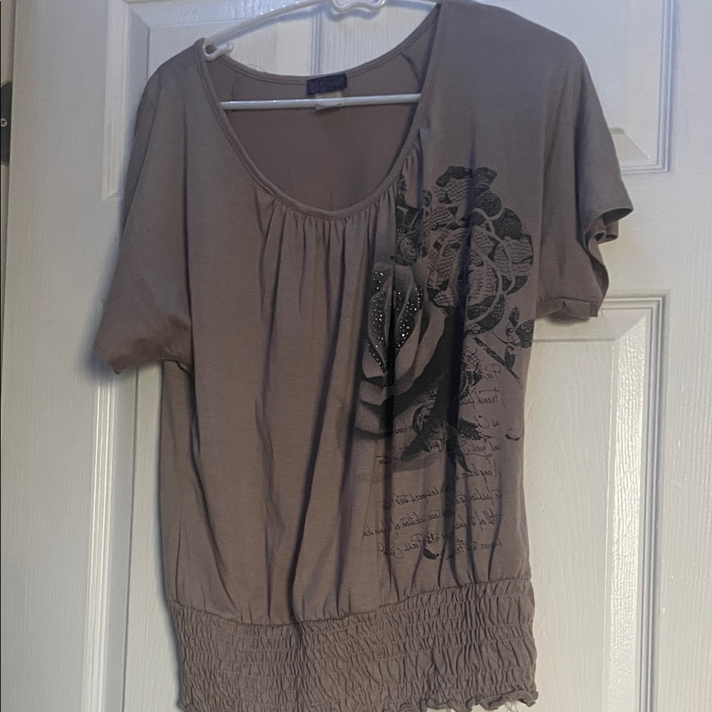 Agenda Taupe Short Sleeve Top with Floral Design